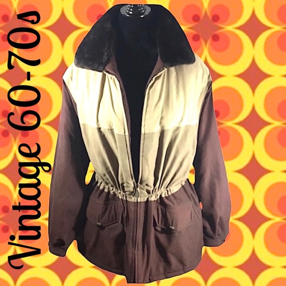 Brown and Beige VTG Jacket with Faux Fur Collar L Vintage 70s - Picture 1 of 14